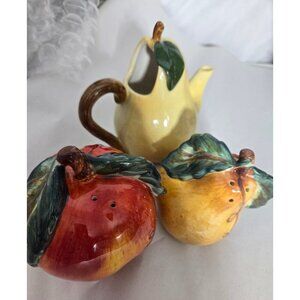 Fruit‎ Teapot & Salt Pepper Shakers Set Apple Pear Kitchen Decor Ceramic